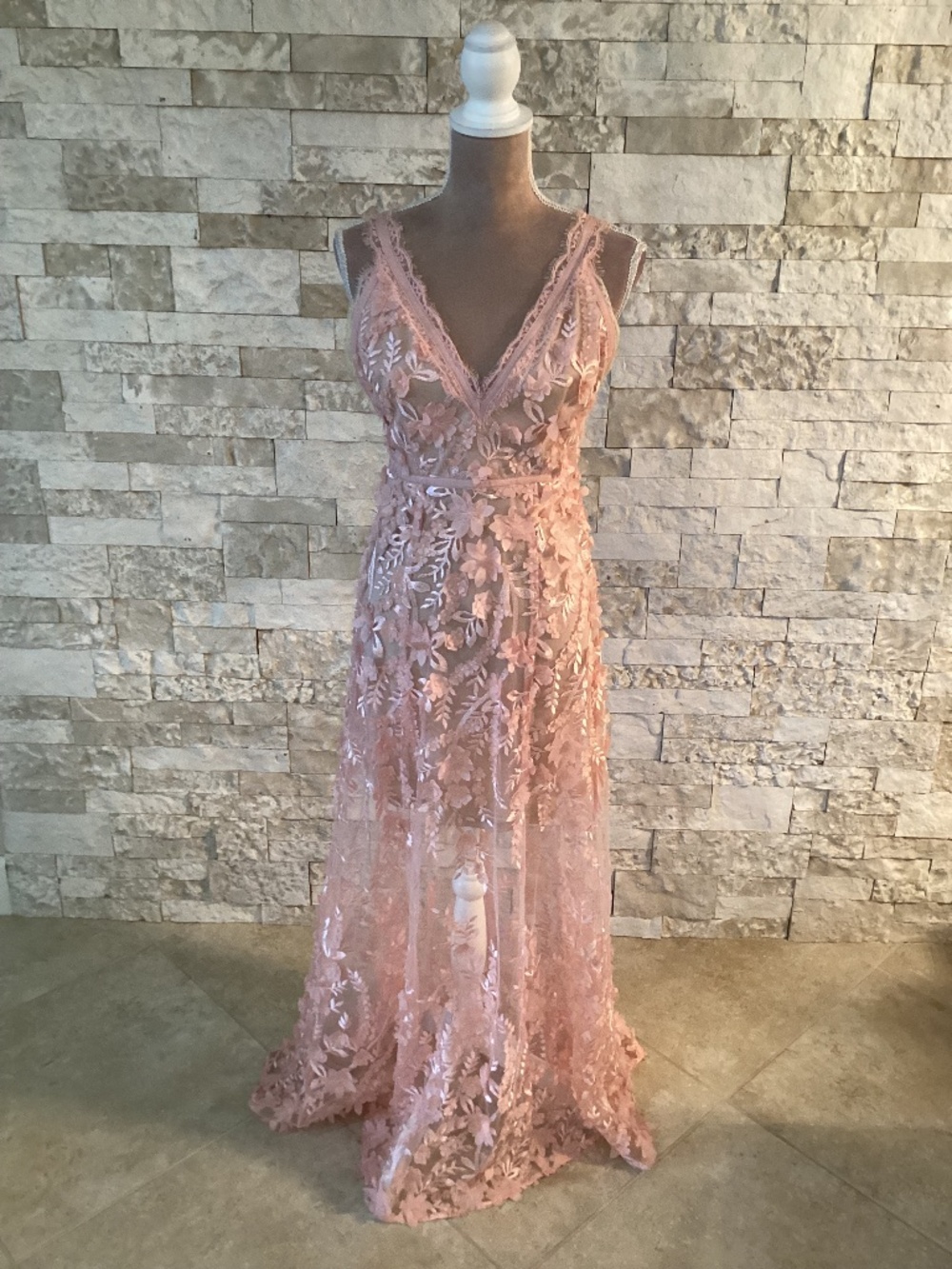 Gianni Bini "Gigi" 3D Floral Appliqué Sheer Illusion Gown